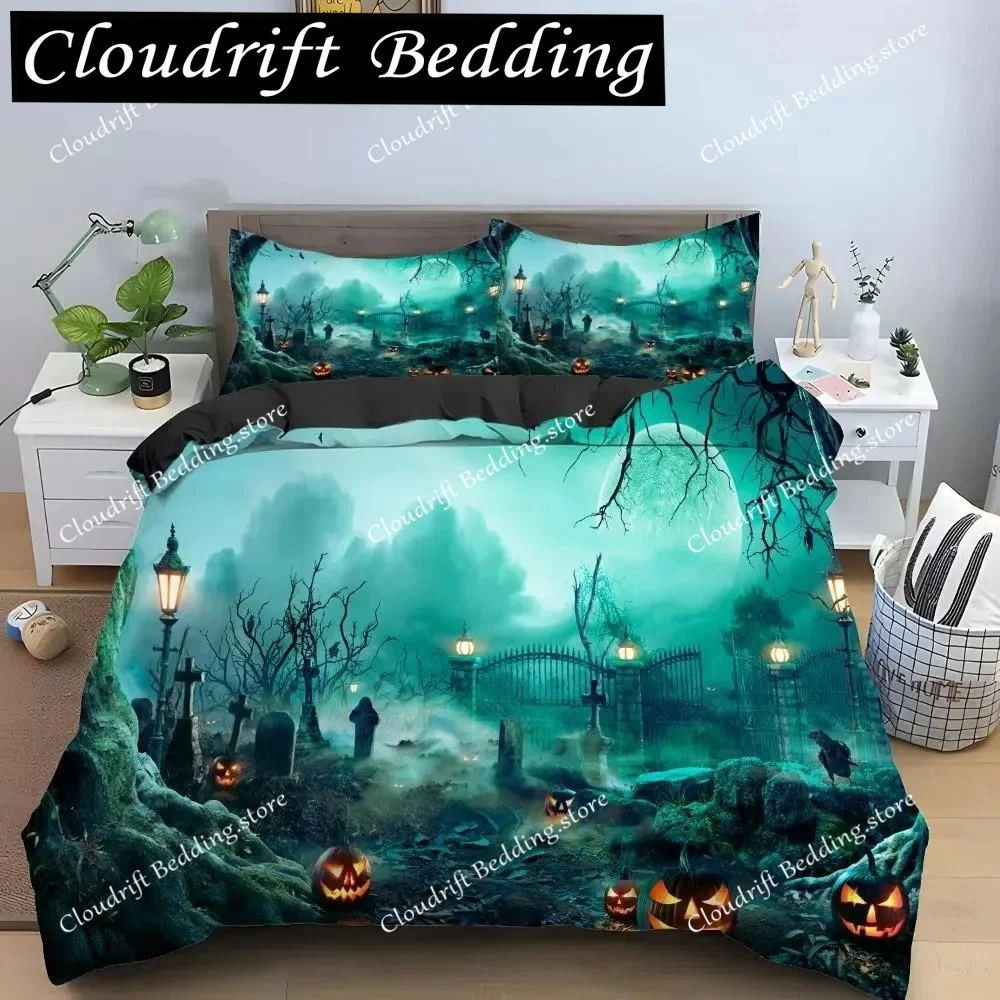 

Halloween Horror Pumpkin King Queen Duvet Cover Night Witch Bedding Set Bat Moon Quilt Cover Polyester Comforter Cover