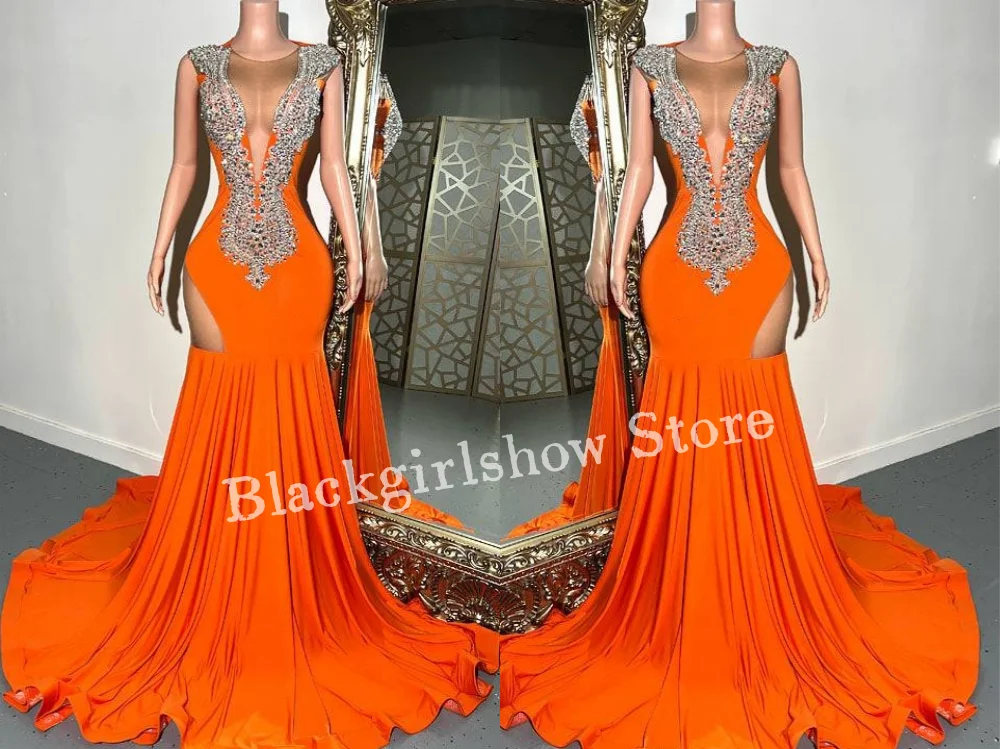 Luxury Cutout Mermaid Prom Dress Orange Crystal Rhinestone African Women Birthday Party vestidos para eventos especiales Custom