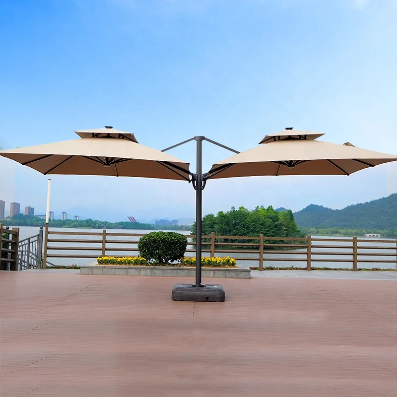 Windproof Large Size Outdoor Patio Sun Umbrella Double Head Twin-way Parasol Garden Umbrellas With Led For Restaurant