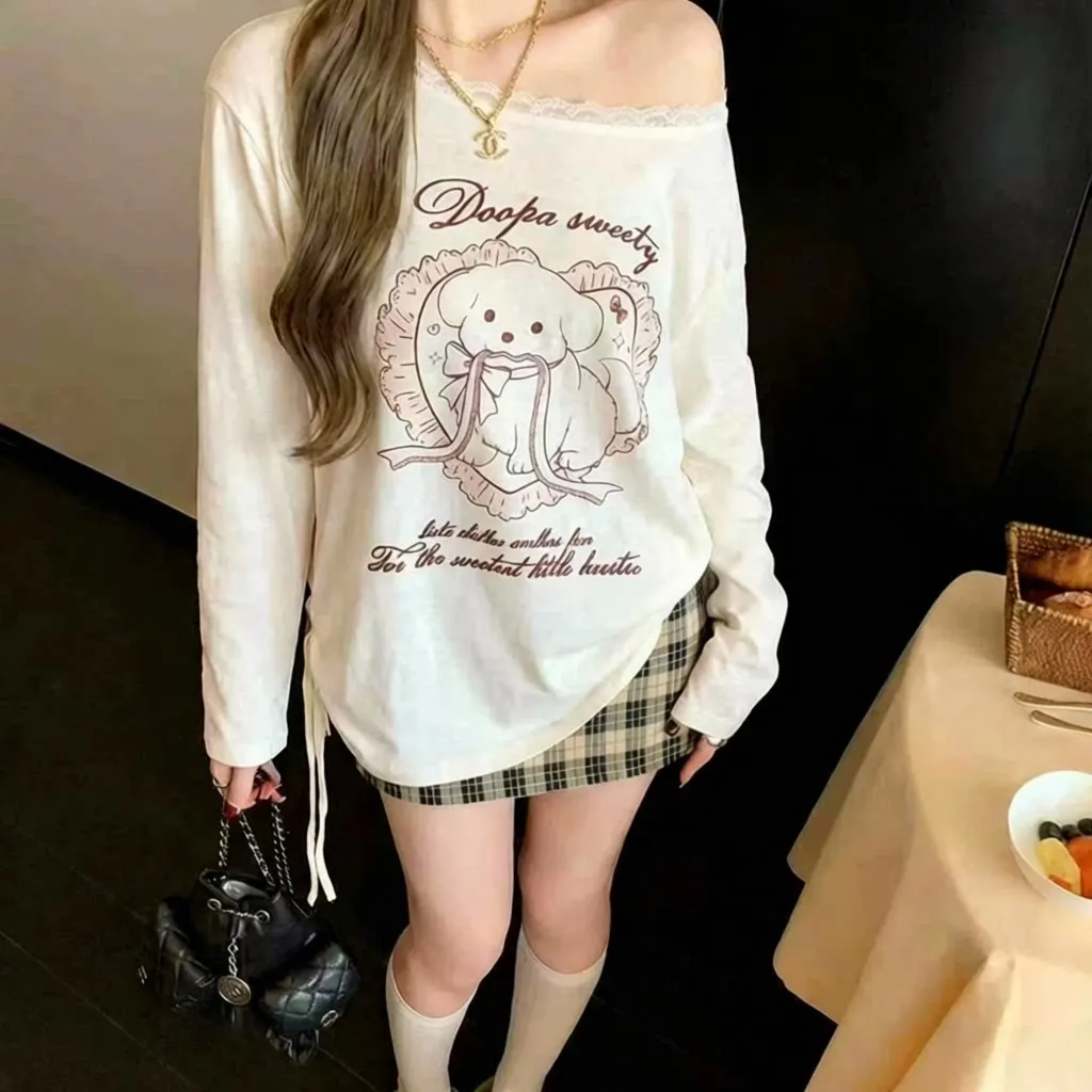 Loose Long Sleeve T-Shirt Women's Summer New Style Korean Cartoon Print Air Conditioning Shirt Sun Protection Straight Leg T-...