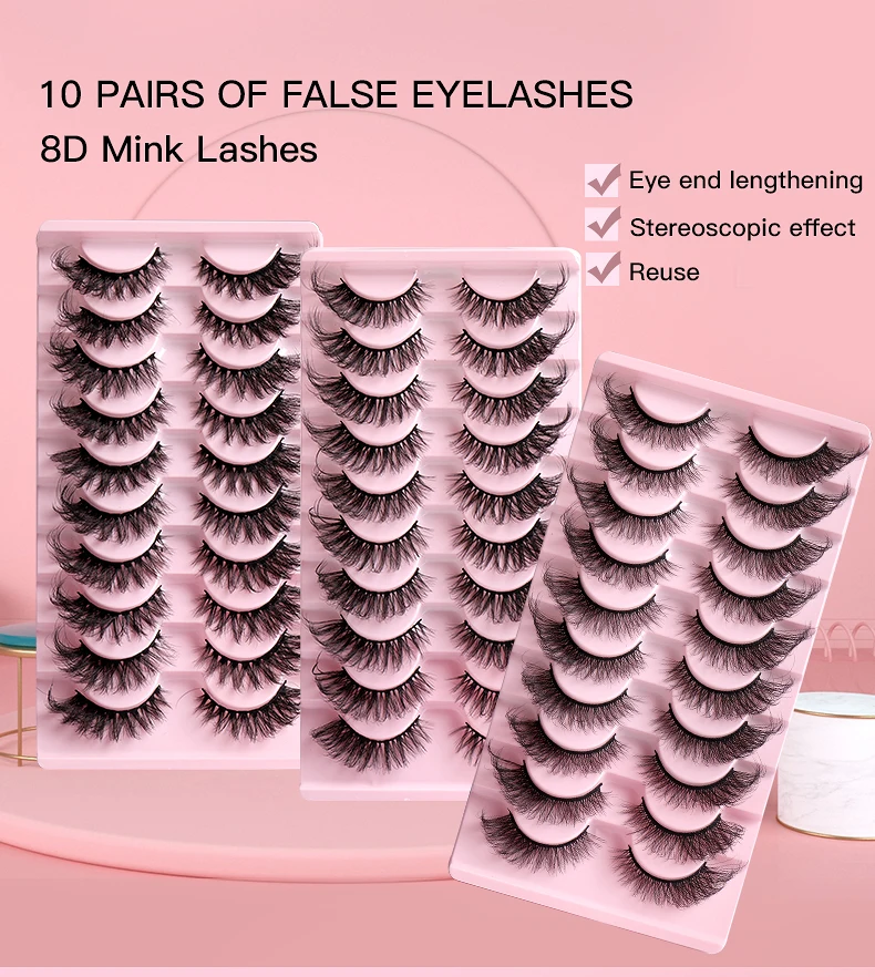 10 Pairs Cat Eye Lashes Tapered Fox Eye Faux Mink Fake Lashes Natural Long Fluffy Handmade Messy False Eyelash Wholesale Makeup