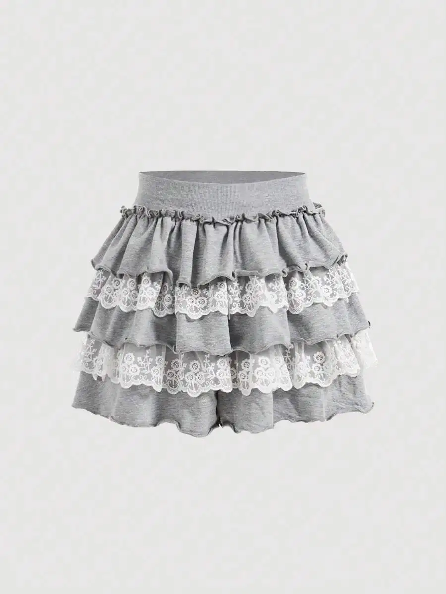 

Gray Knit Tiered Ruffle Skirt with White Lace Trim, Mini Length