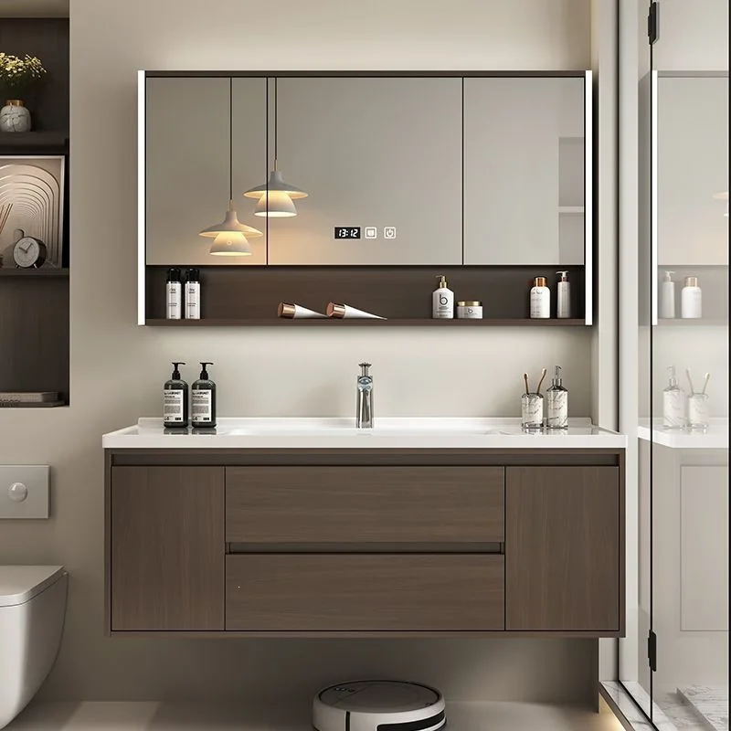 Modern new Chinese-style solid wood bathroom cabinet combination ceramic integrated walnut color bathroom hand washbasin w