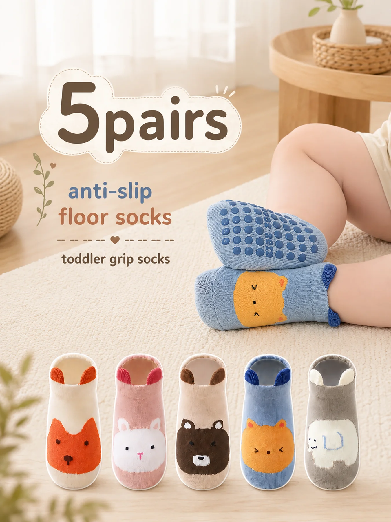 5 Pairs Cartoon Anti-slip Socks for Kids, Baby Walking Home Floor Socks with Non-slip Sole