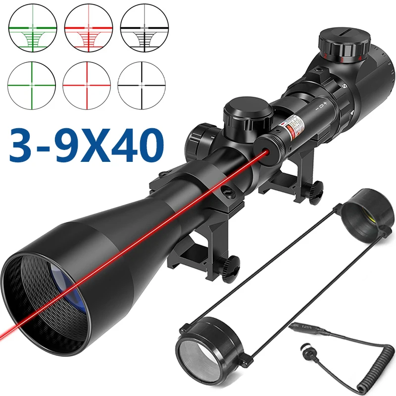 3-9X40EG Rifle Scope Laser Combo Duplex Reticle Tactical Optics Riflescope with Red Laser Sight for Airsoft Carbine Shotguns