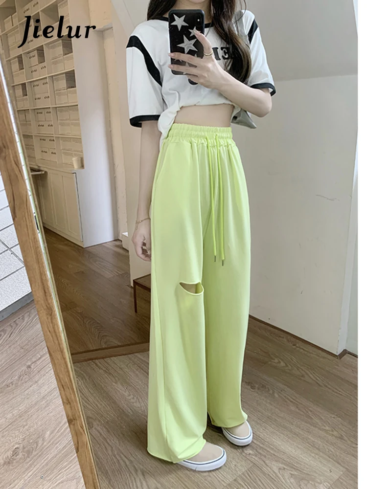 

Jielur Sport Pants Women Summer Loose Hole Wide Leg Pants Elastic Waist Casual Sweatpants Black Gray Yellow Trousers M-4XL