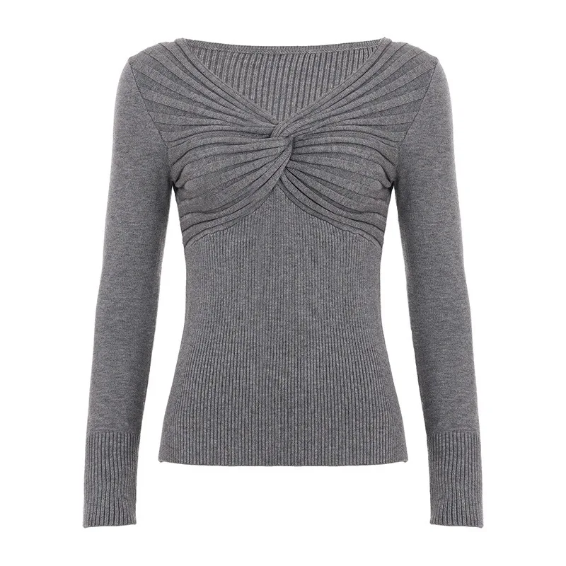

Новый тонкий облегающий универсальный базовый однотонный топ с v-образным вырезом и длинными рукавами в европейском и американском стиле, элегантный шерстяной топ с ветром