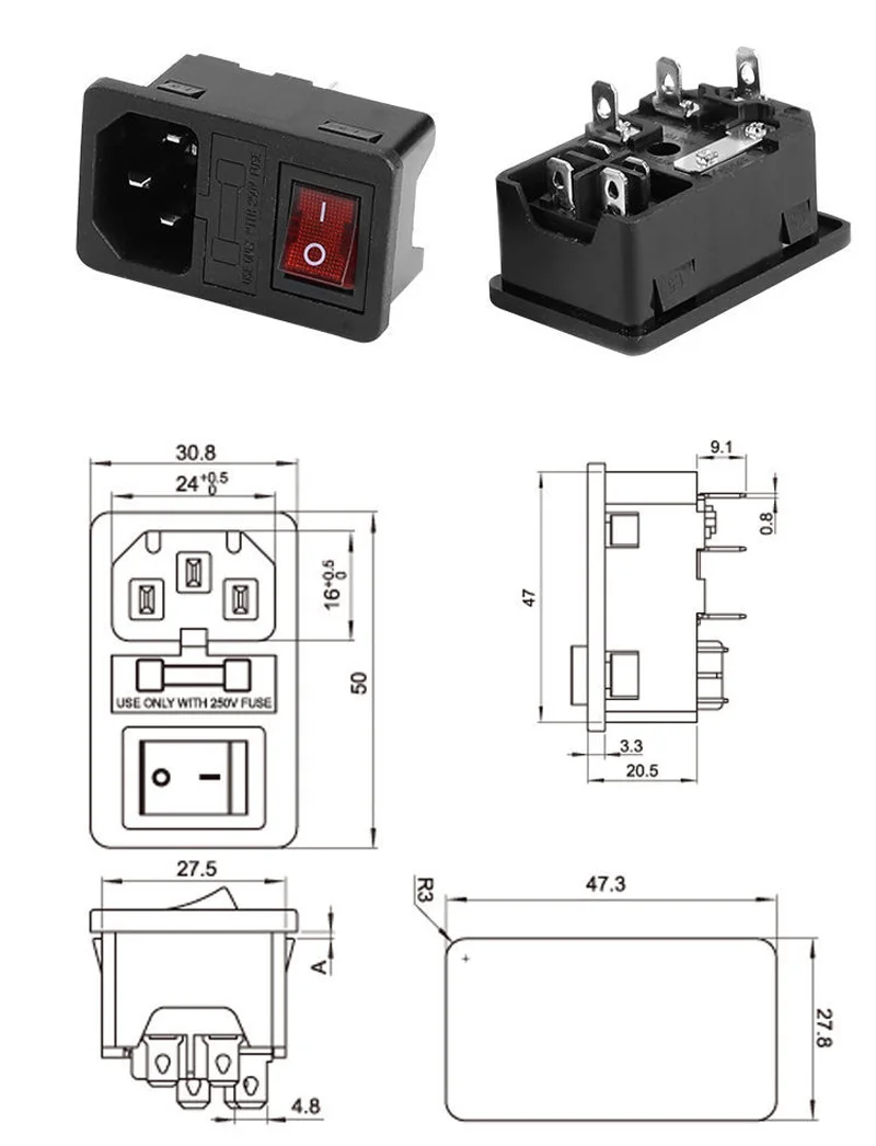 Conector de cableado de toma de corriente de CA fundida IEC320 C14 PDU UPS, cargador de batería eléctrica, receptáculo, Panel de acoplamiento,