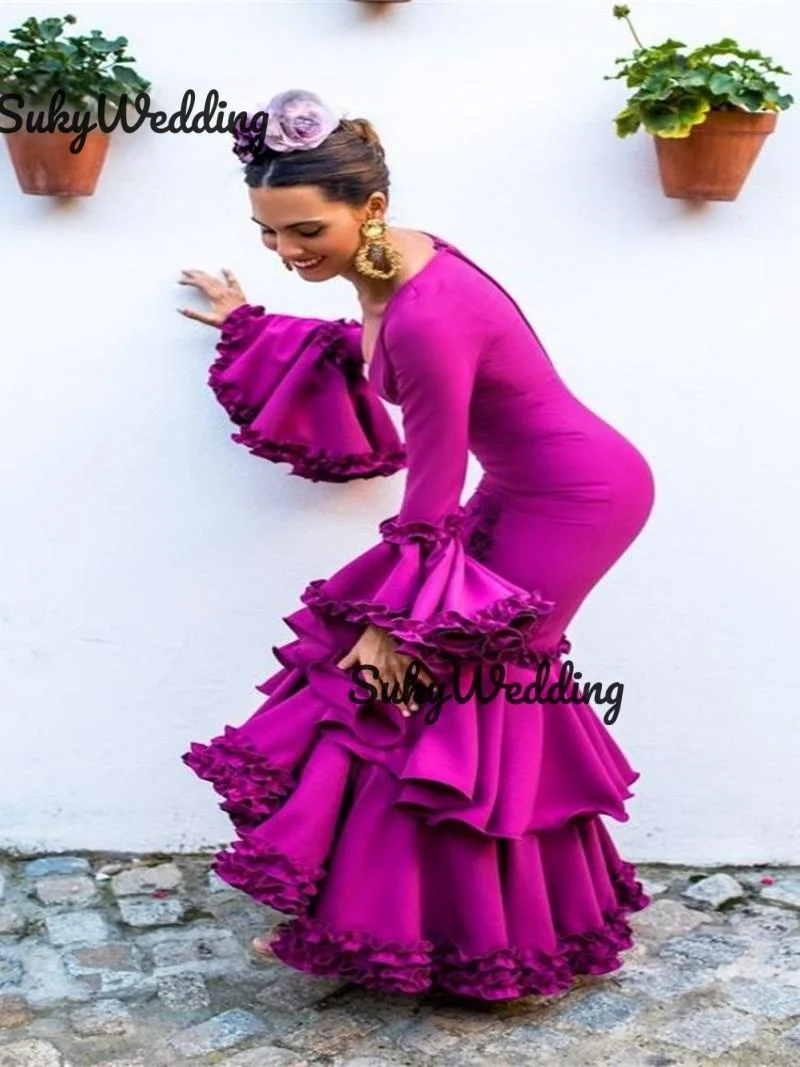 Sexy Mermaid Prom Dresses Red Flamenco V neck Women Tiered Long Sleeves Evening Formal Party Wear vestido de flamenca Customized