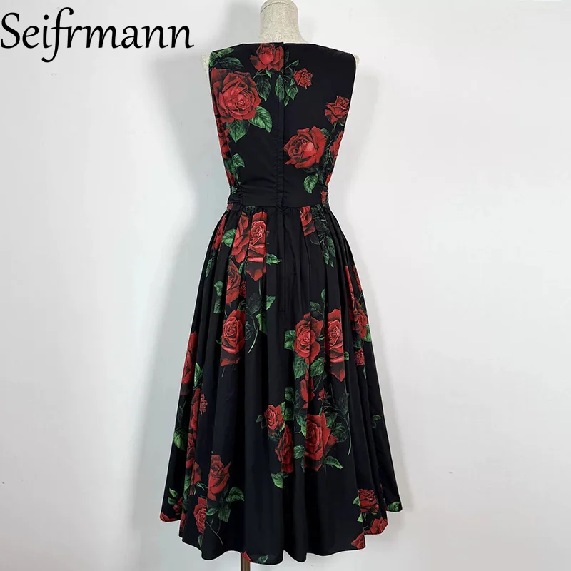 Seifrmann Casual Printed Cotton Vest Dress Round Neck Sleeveless Waist Dress 2026 Autumn Fashion Women's New Style