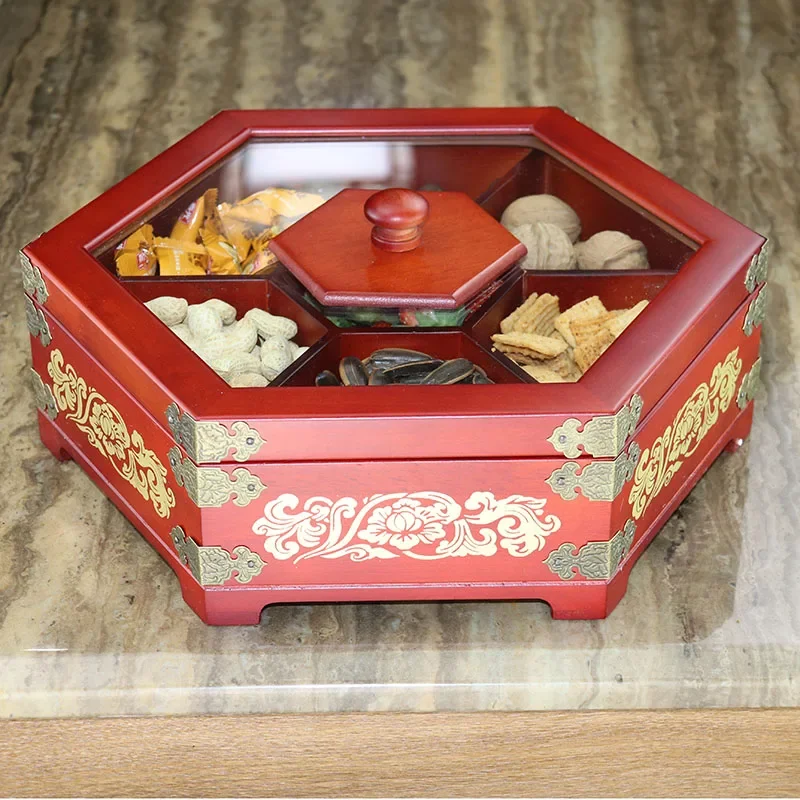 Creative Solid Wood Dried Fruit Box, Divided Compartment Plate with Lid, Melon Seed Candy Plate, Snack Fruit Holder