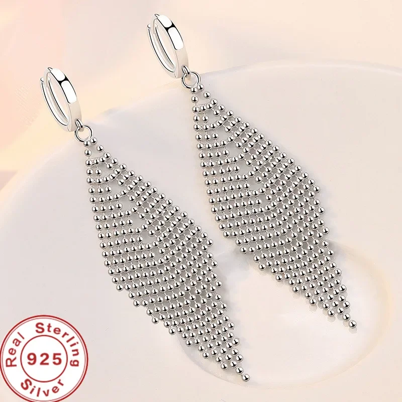 2024 New 925 Sterling Silver Exquisite Tassel Beads Long Earrings For Women\'S Wedding Fashion Jewelry Party Gifts Wholesale