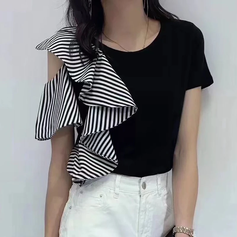 Fashion O-Neck Spliced Ruffles Off Shoulder Blouses Women's Clothing Summer New Loose Casual Tops Asymmetrical Shirts
