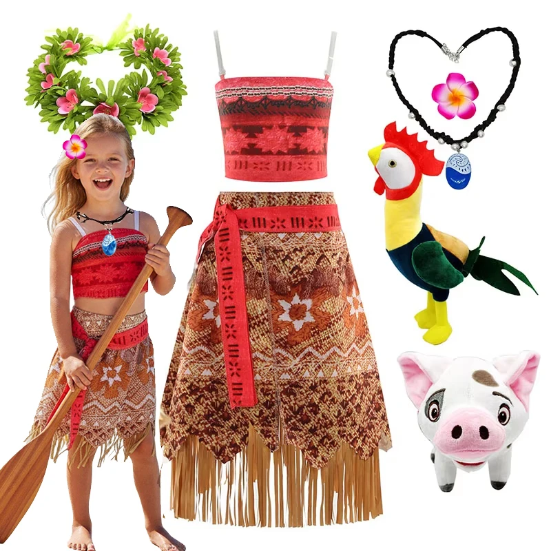 Moana Kleid für Mädchen, Cosplay Prinzessin Vaiana Kostüm mit Halskette, Schweinchen und Küken Outfit für Kindergeburtstage