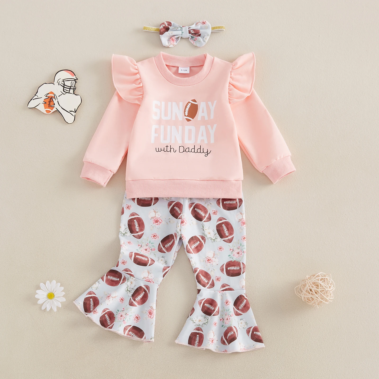 

Kids Baby Girls 3Pieces Fall Outfits Fashion Ruffle Long Sleeve Sweatshirt+Football Flower Print Pants+Hairband Girl Sets