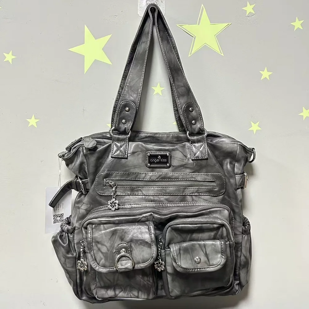 

Angelkiss Women Handbags Multi-pockets Bag Brown PU Satchel Fashion Lady Shoulder Bag Vintage Casual Bags Tote Shoulder Purse