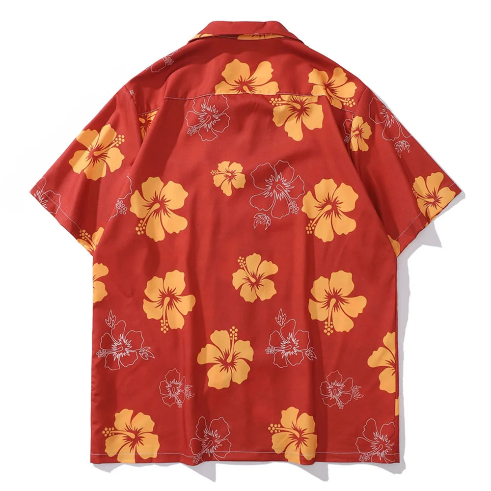 Red Flower Full Print Beach Shirts Men Button Down Collar Vintage Men's Shirt Short Sleeve