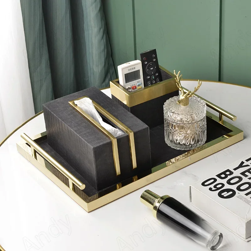 Modern Leather Tissue Box Creative Brass Decorative Advanced Western Restaurant Tissue Boxes Living Room Desktop Home Decoration