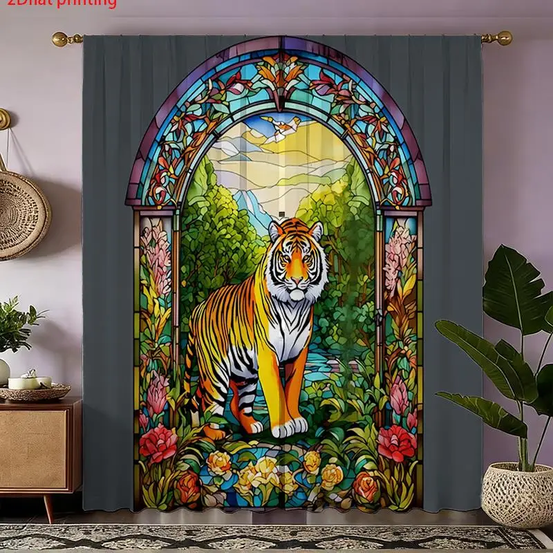 Decorative Stained Glass Tiger Jungle Curtains 2pcs Pair Window Treatment for Living Room Home Decor Tropical Art Print