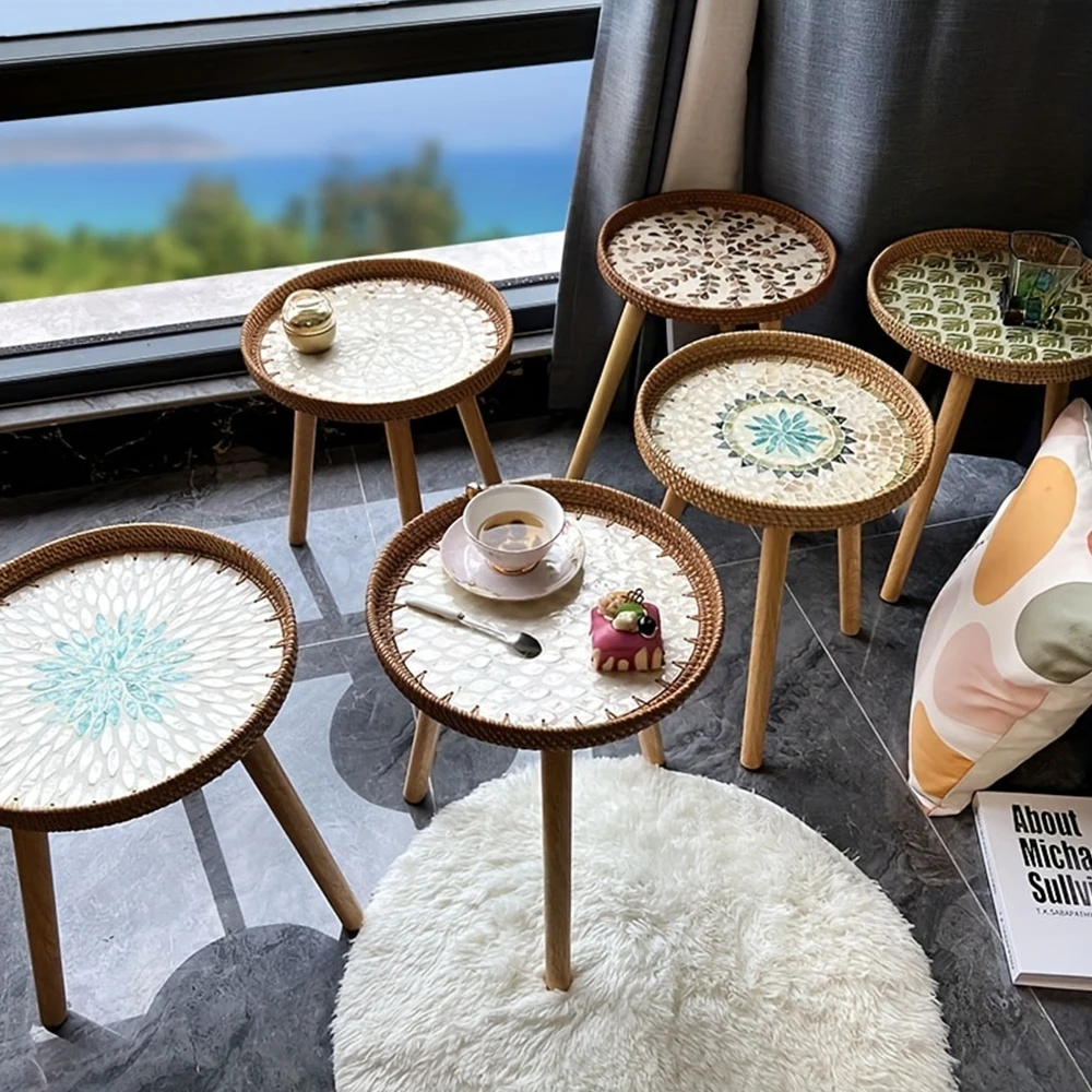 Rattan Woven Seashell Tray with Removable Legs - Reversible Boho Bedside Table & Serving Tray, Beach Style Home Decor for Coffee