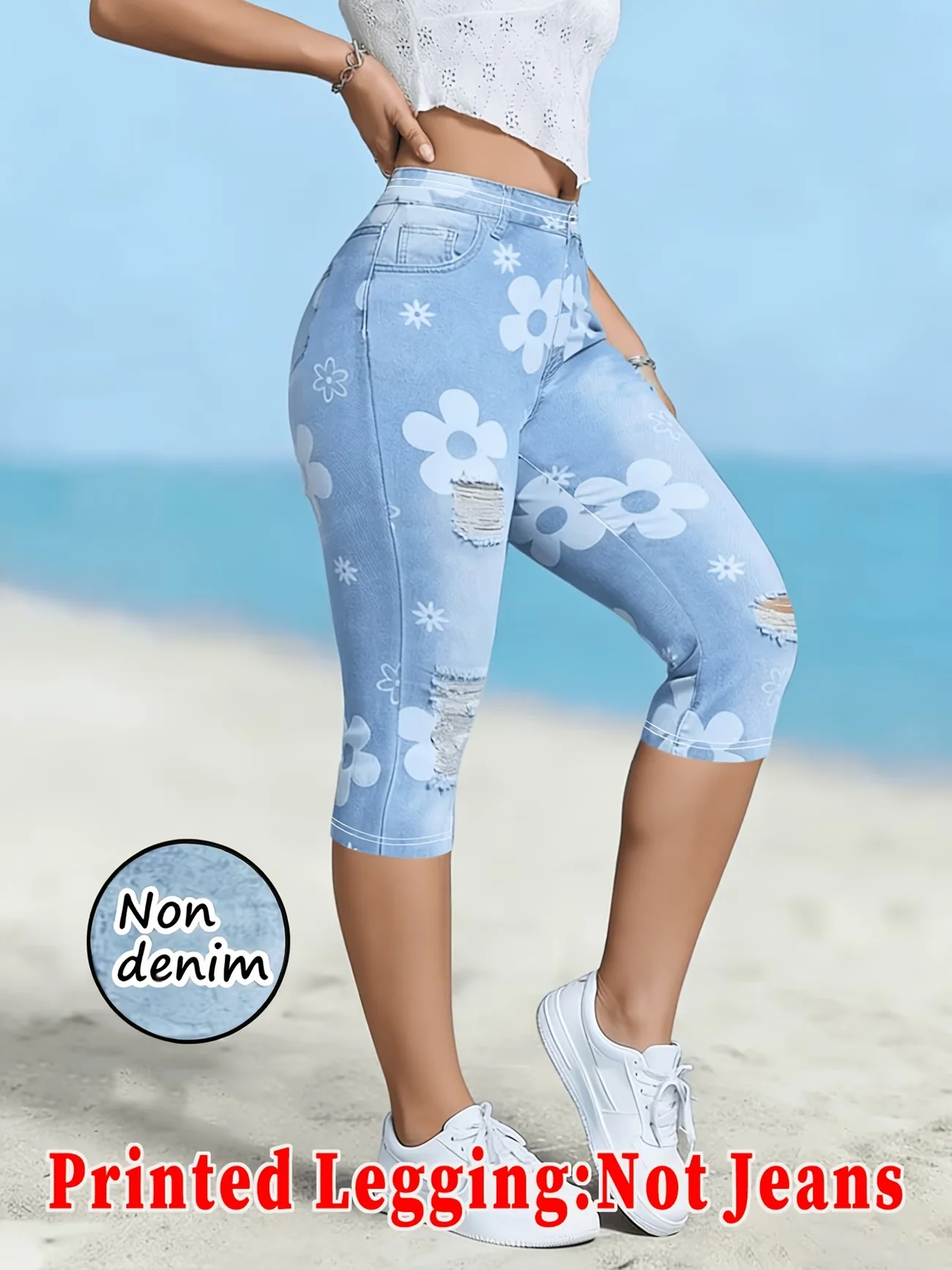 Printed Leggings, Not Denim Fabric, Fake Pocket & Button Print Capri Pants, High‑Stretch New Fashion Skinny Pants7