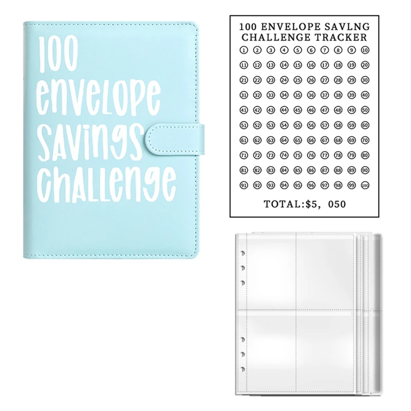 100 busta Challenge Binder Kit blocco note/cartelle di risparmio/raccoglitori a fogli mobili/tasche per soldi/buste Kit azzurro