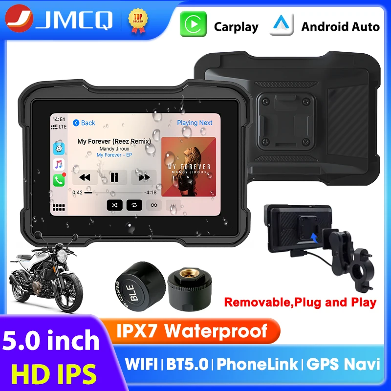 

5" Motorcycle Carplay Wireless CarPlay Android Auto Navigation GPS IPX7 Waterproof Display Bluetooth Moto Monitor Support TPMS