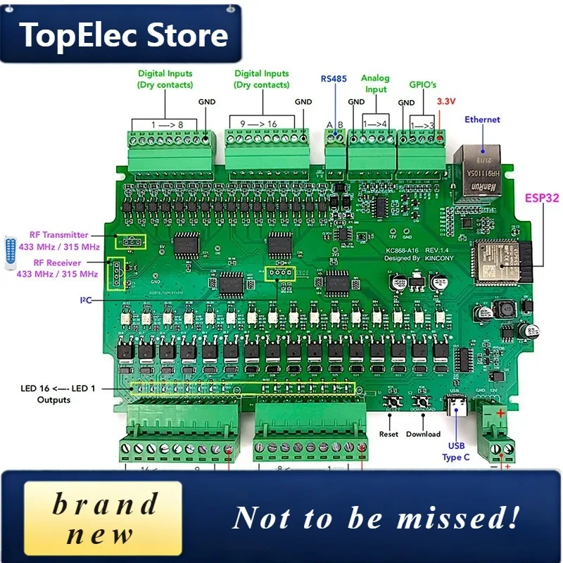 TopElec A16 ESP32 ESPHome Program Development Board Home Assistant Tasmota DIY Module Arduino WiFi Relay Switch MQTT RS485 I2C M