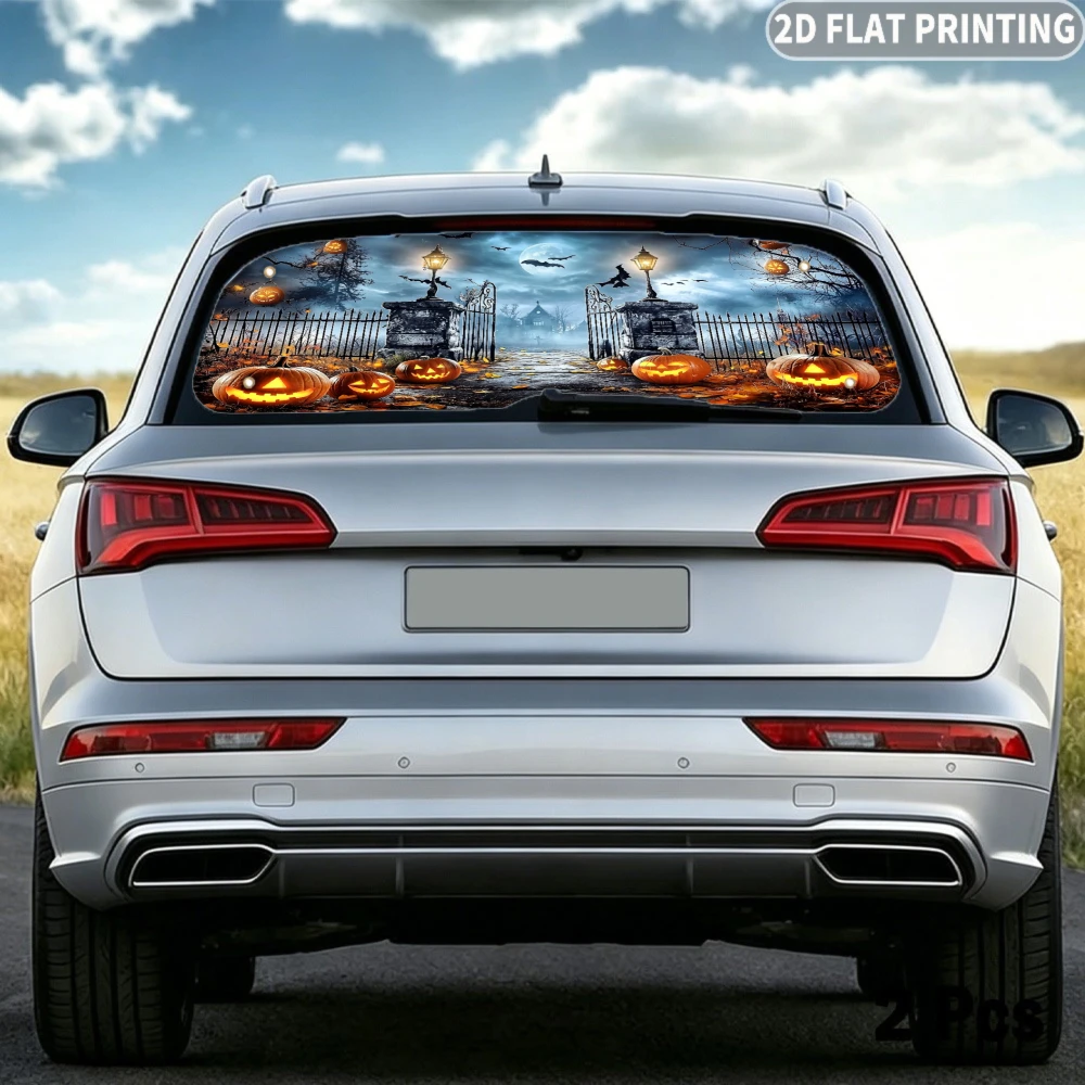 1pc Car Rear Window Sunshade Halloween Pumpkin Gate Moon Bat Scene Print, 4 Suction Cups, Effectively Blocks Sunlight