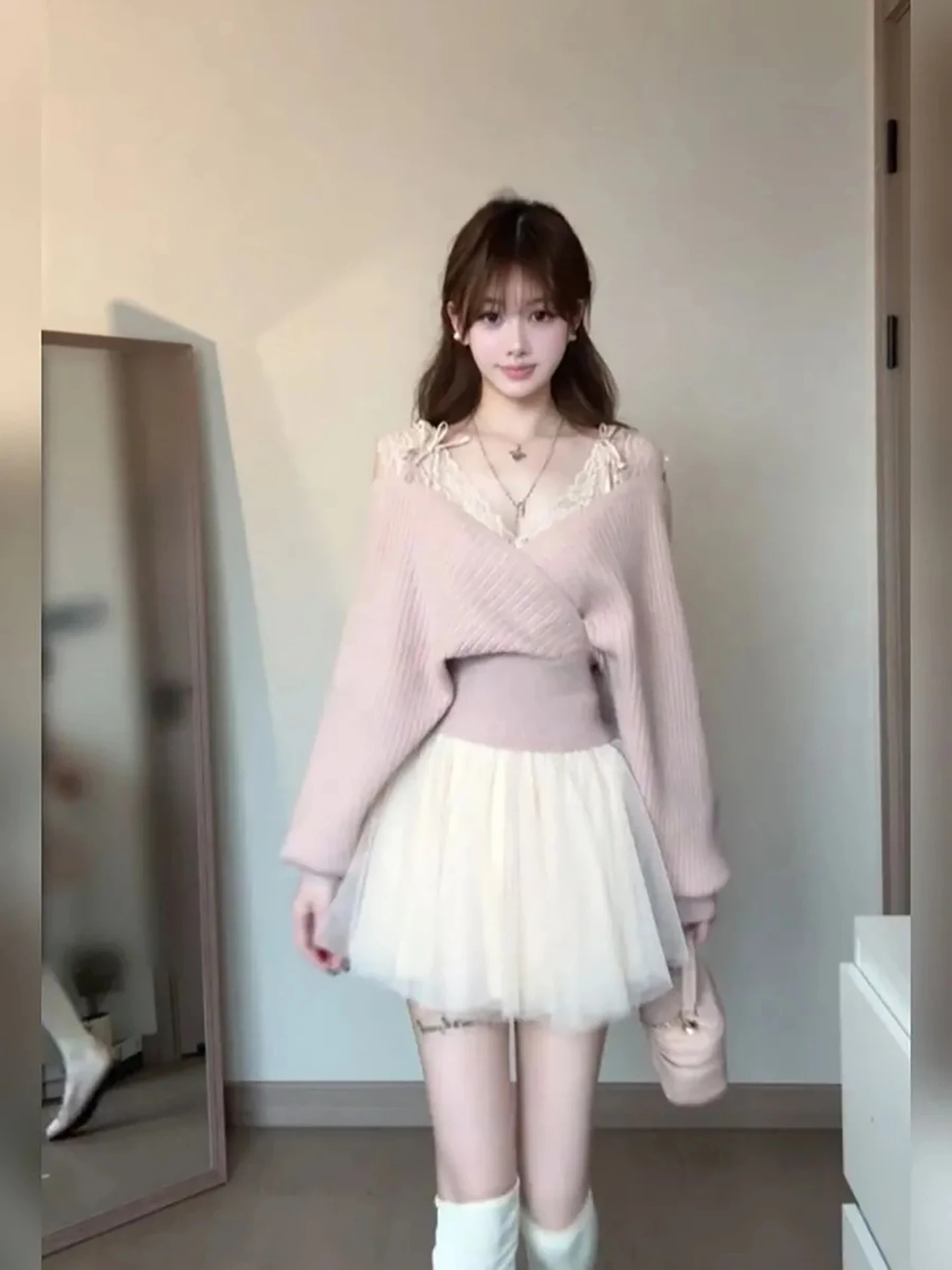 

Korean Sle Pink One oulder Long Sve Knitted Sweater Women's Autumn Winter Gentle Pure Desire Waist Cinched ort Sweet...