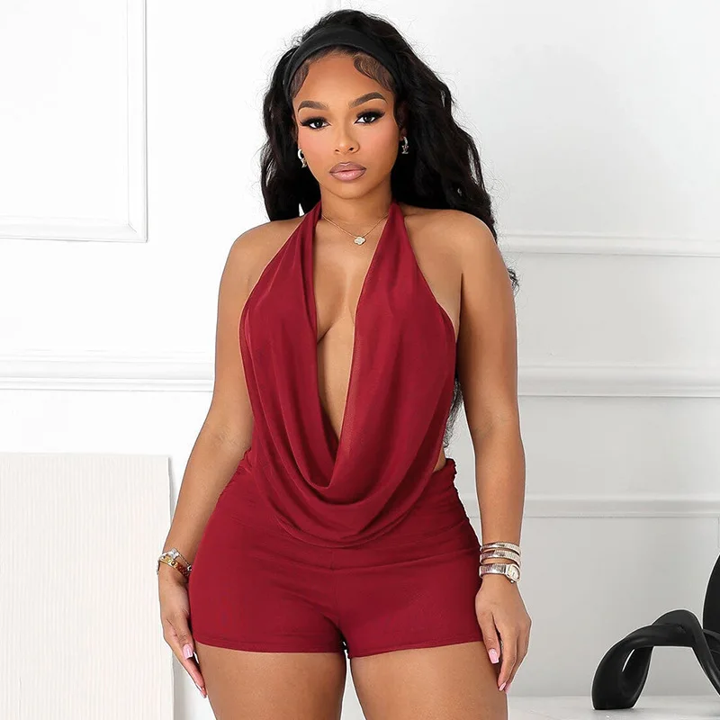 Stijlvolle sexy 2-delige set mouwloos swinghals halternek uitgevouwen rug mini shorts straatkleding strak elastisch pak vrouwelijk