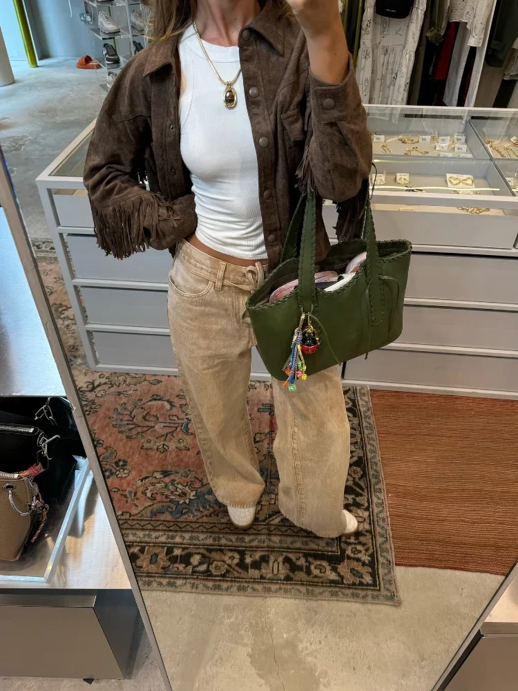 Women Retro Tassels Patchwork Jackets Fashion Lapel Long Sleeve With Button Short Coats 2024 Autumn New Lady High Street Outwear