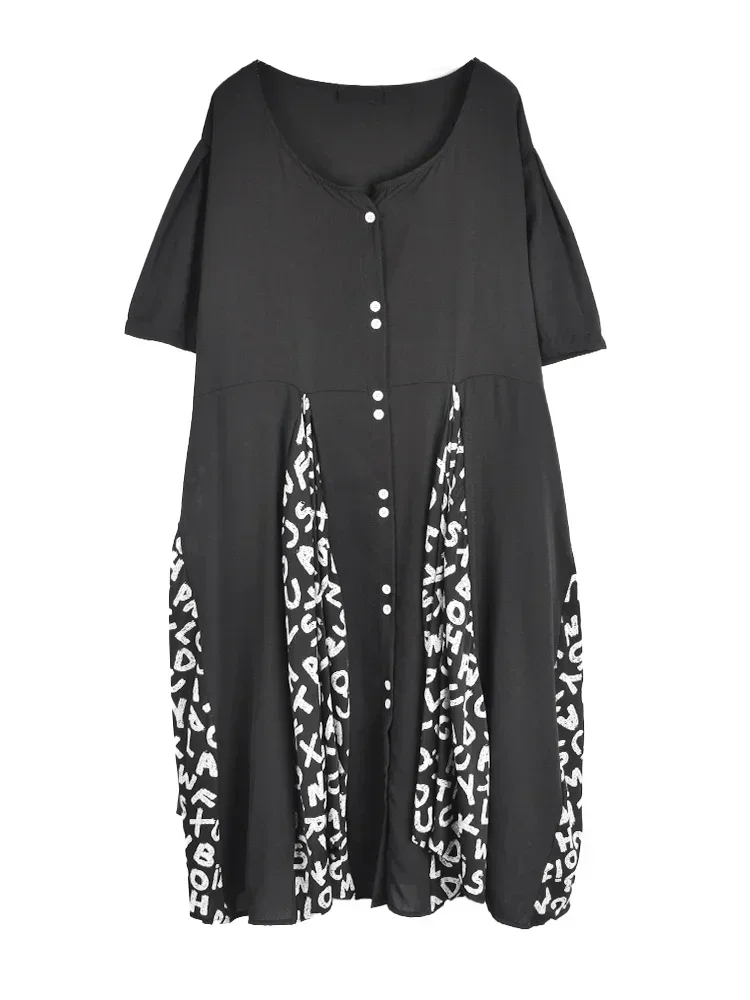 XITAO Loose Casual T-shirt Dress Contrast Color Letter Print Splicing Hem 2025 Summer New Simplicity O-neck Women GJ0007