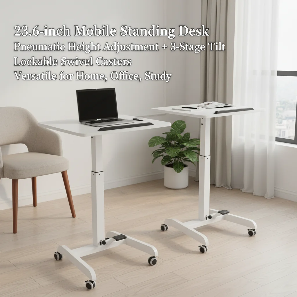 

Mobile Standing Desk 23.6x20.5in, Pneumatic Height Adjustable Sit Stand Desk with 3 Angles Tilting Top & Locking Wheels, White