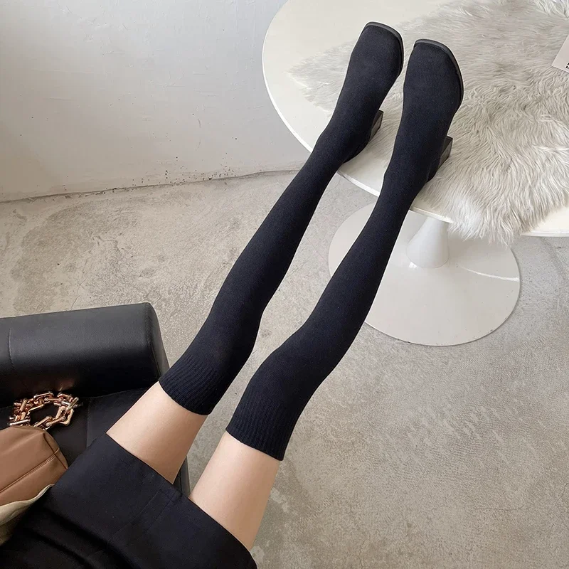Botas altas hasta el muslo, zapatos, calcetín por encima de la rodilla para mujer, medias sexis elegantes para mujer, tacones gruesos, bota larga