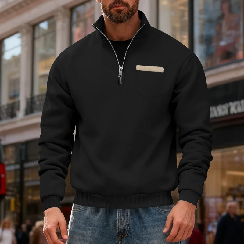 2025 cross-border autumn and winter men's heavy-duty velvet simple retro half-zipper stand-up collar loose casual sweater men