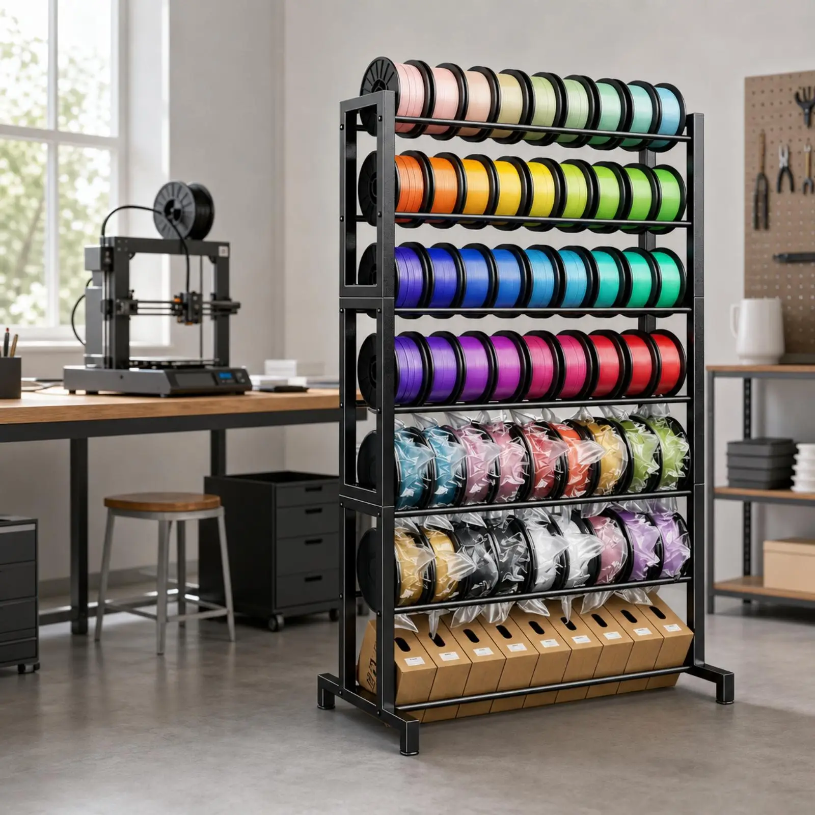 Workshop Filament Organizer Rack Black Iron Three Dimensional Printing Spool Holder Freestanding Storage Shelf System