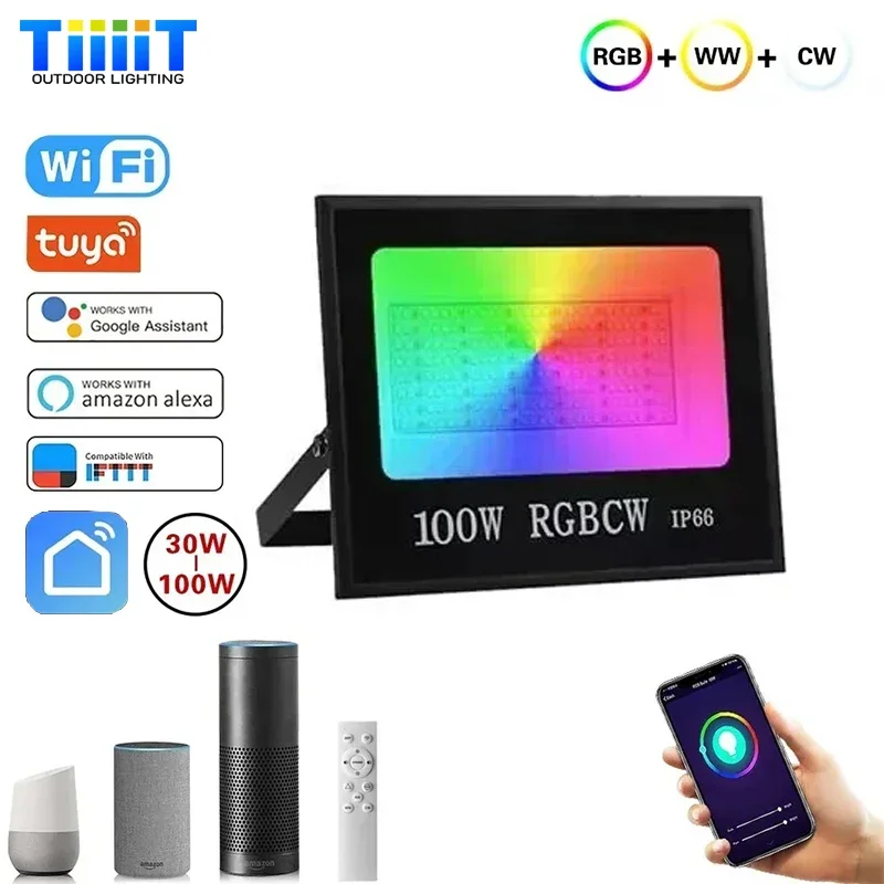 

30-100 Вт Tuya Intelligent APP Прожектор Светодиодный уличный водонепроницаемый IP66 85-265 В RGB Bluetooth WIFI Парковый двор Настенный светильник для мытья