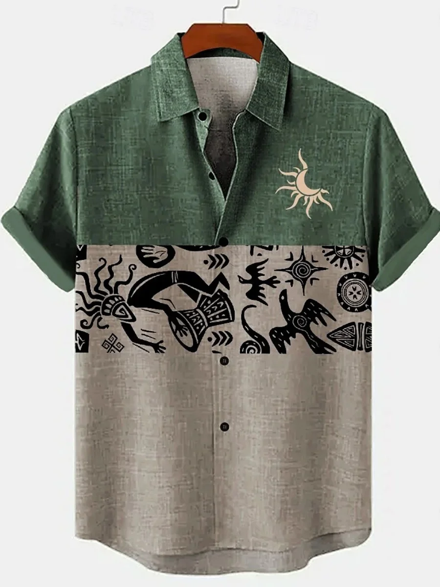 New Men's Ethnic Style Retro Fashion Art Print Linen Shirt, Summer Street Hawaiian Style Shirt Men's Daily Top
