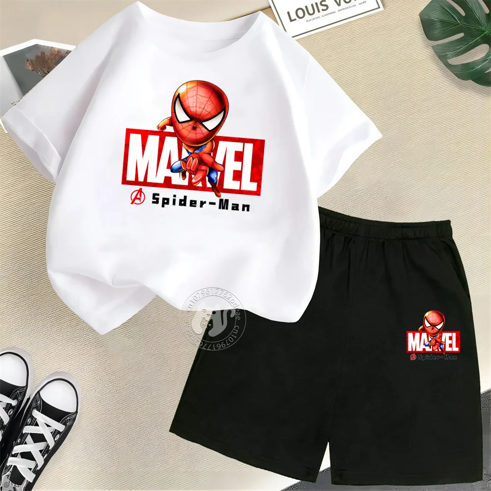 Superhero Teen Summer 100% Cotton Kids Short Sleeve T-shirt + Short Letter Spider-Man Print Boys Girls Going Out Basic Set