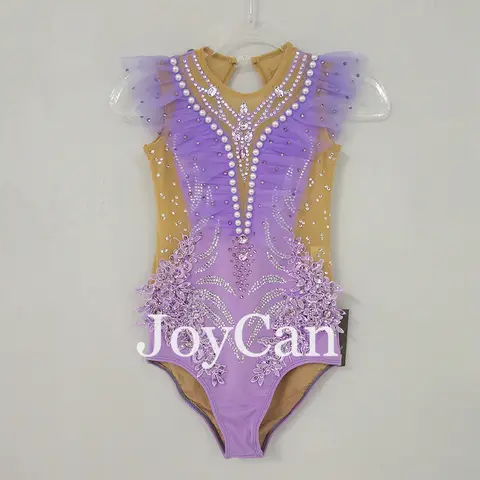 JoyCan 여성용 리듬 체조 레오타드, 라이트 퍼플 스판덱스, 대회용 우아한 댄스 웨어