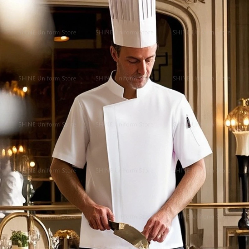 

Men short sleeve Chef uniform Kitchen Jacket white apron work clothes logo Chef shorts Summer Breathable Restaurant Chef coat