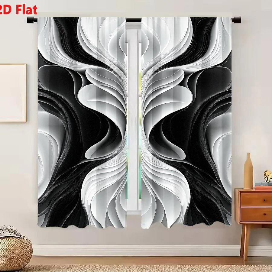 2Pcs Curtains Add 2D Flat Abstract Symmetrical Digital Artwork Black White Gray Fluid Organic Forms Liquid Metal Hypnotic Window