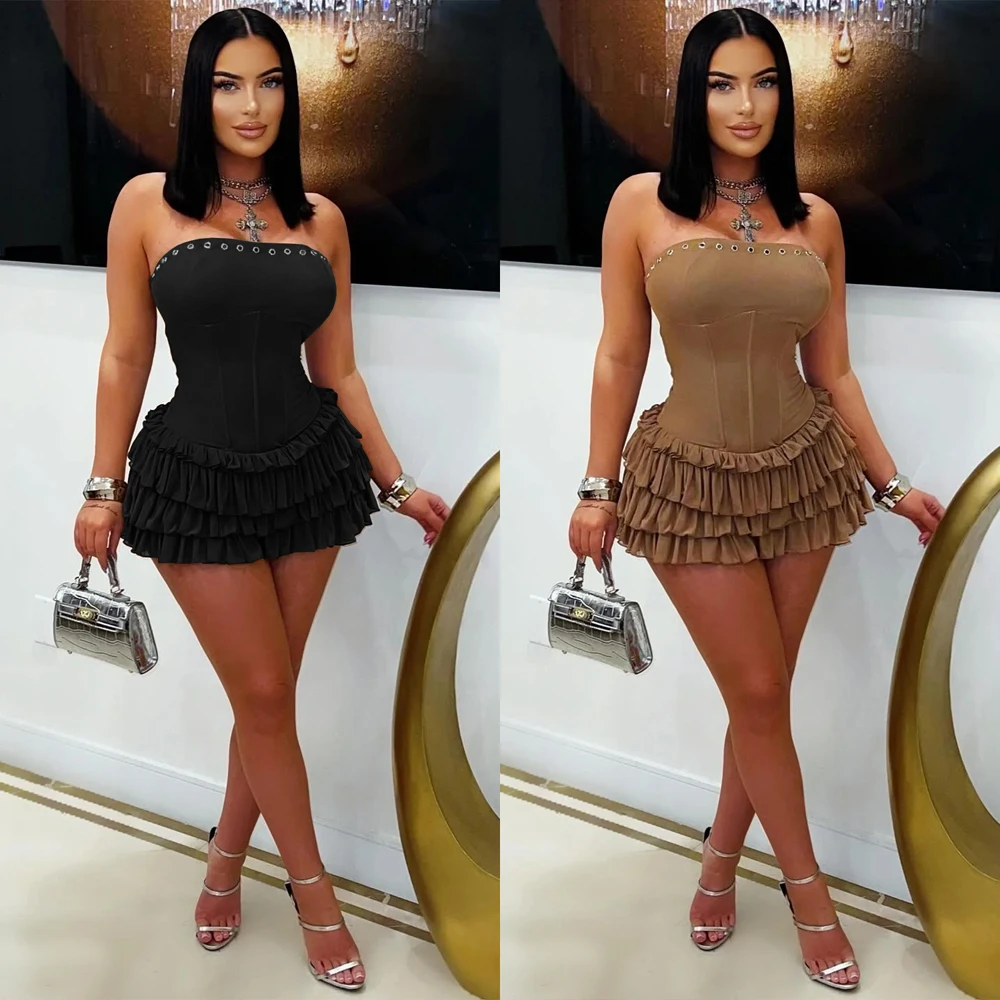 Y2k Vestidos Para Mujer Color sólido elegante sin tirantes Puffy volantes Slim Fit Mini vestido Curvas plisado Sexy Vestido corto Mujer