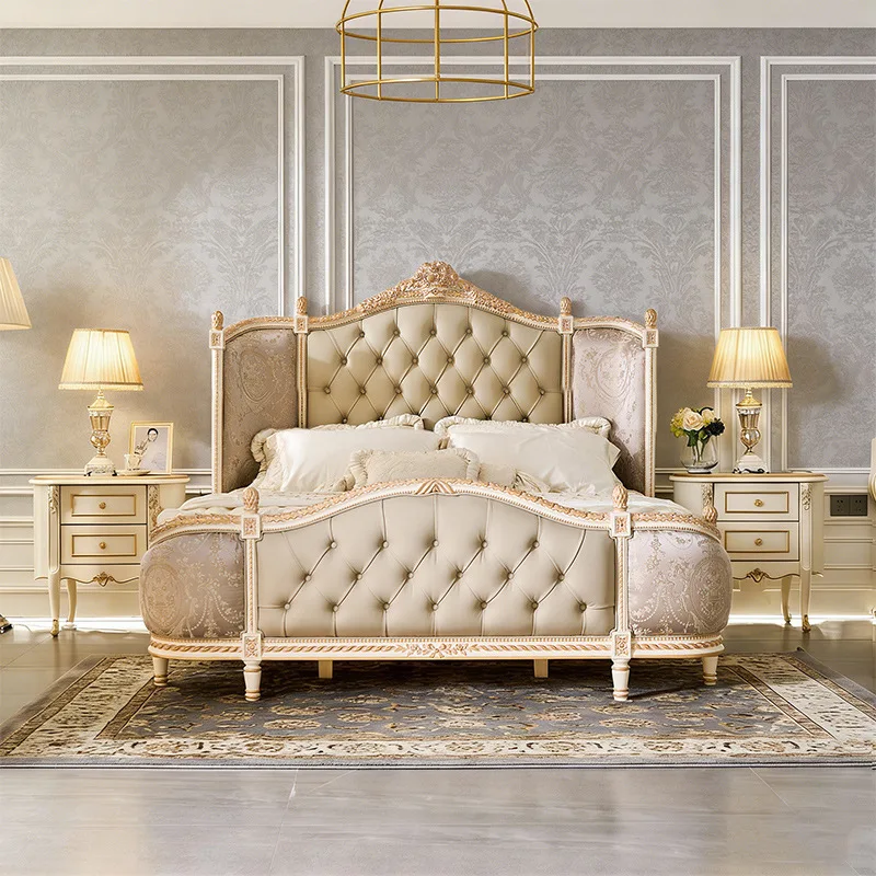 French retro white old castle bed luxury European villa bedroom princess bed wood carving flower double wedding bed