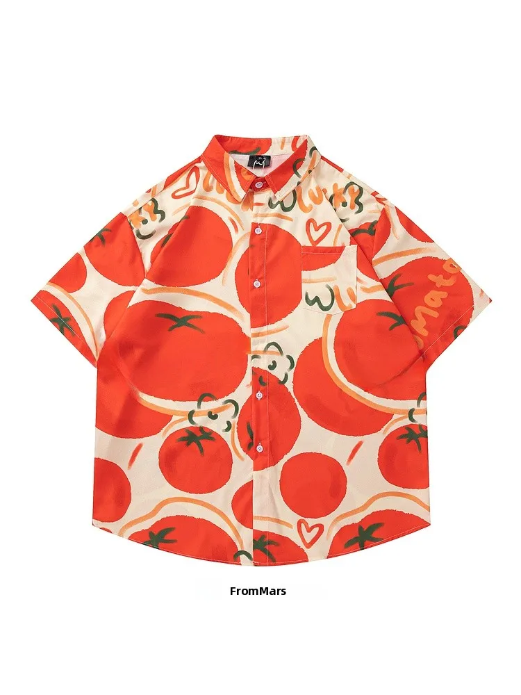 

from White irt Fruit Print Lazy Summer Trend Red Apricot Color Harajuku Sle Loose Fit ort Sve Men's Casual irt