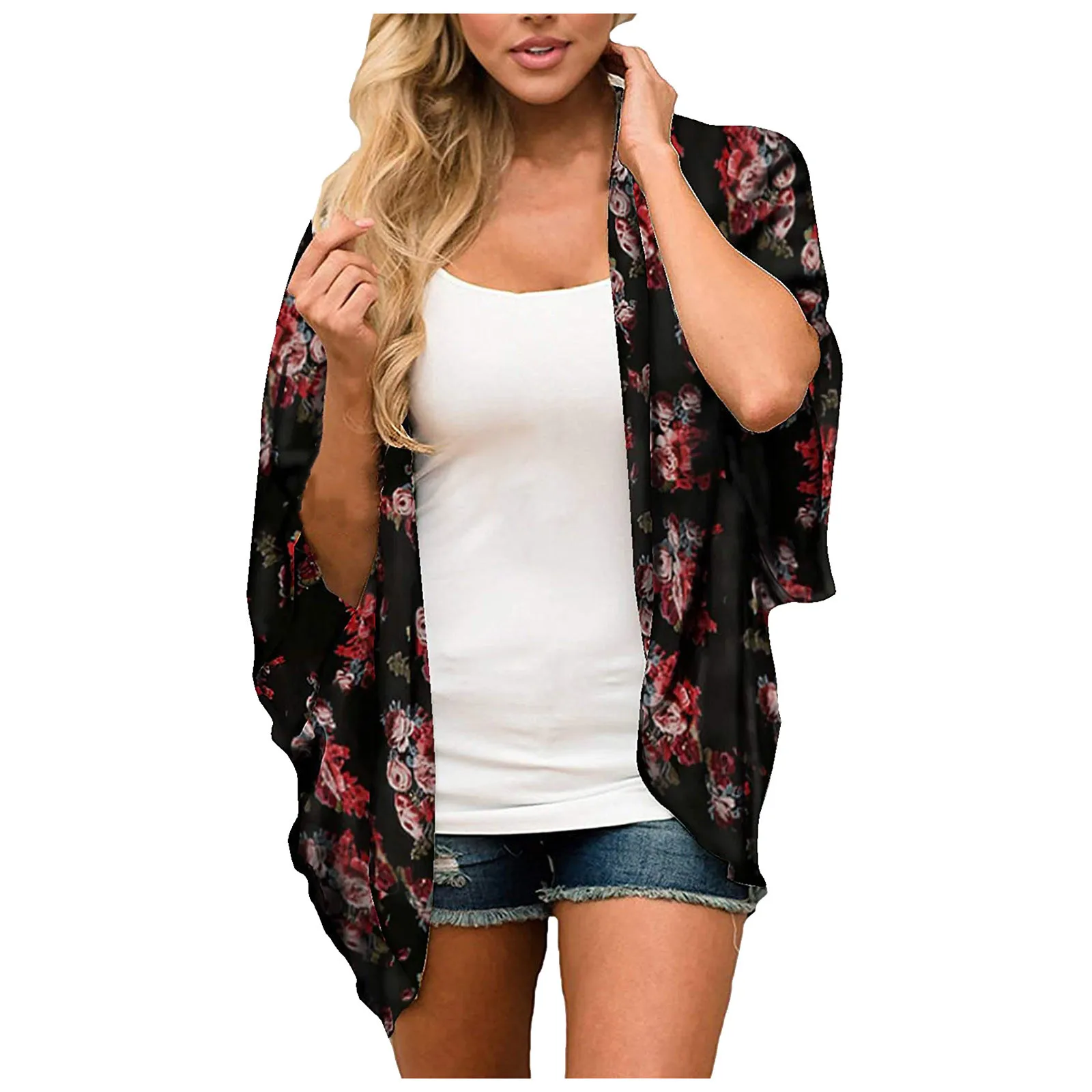 Women\'s Plus Size Floral Print Lightweight Chiffon Kimono Cardigan Short Sleeve Loose Beach Wear Cover Up Blouse Top