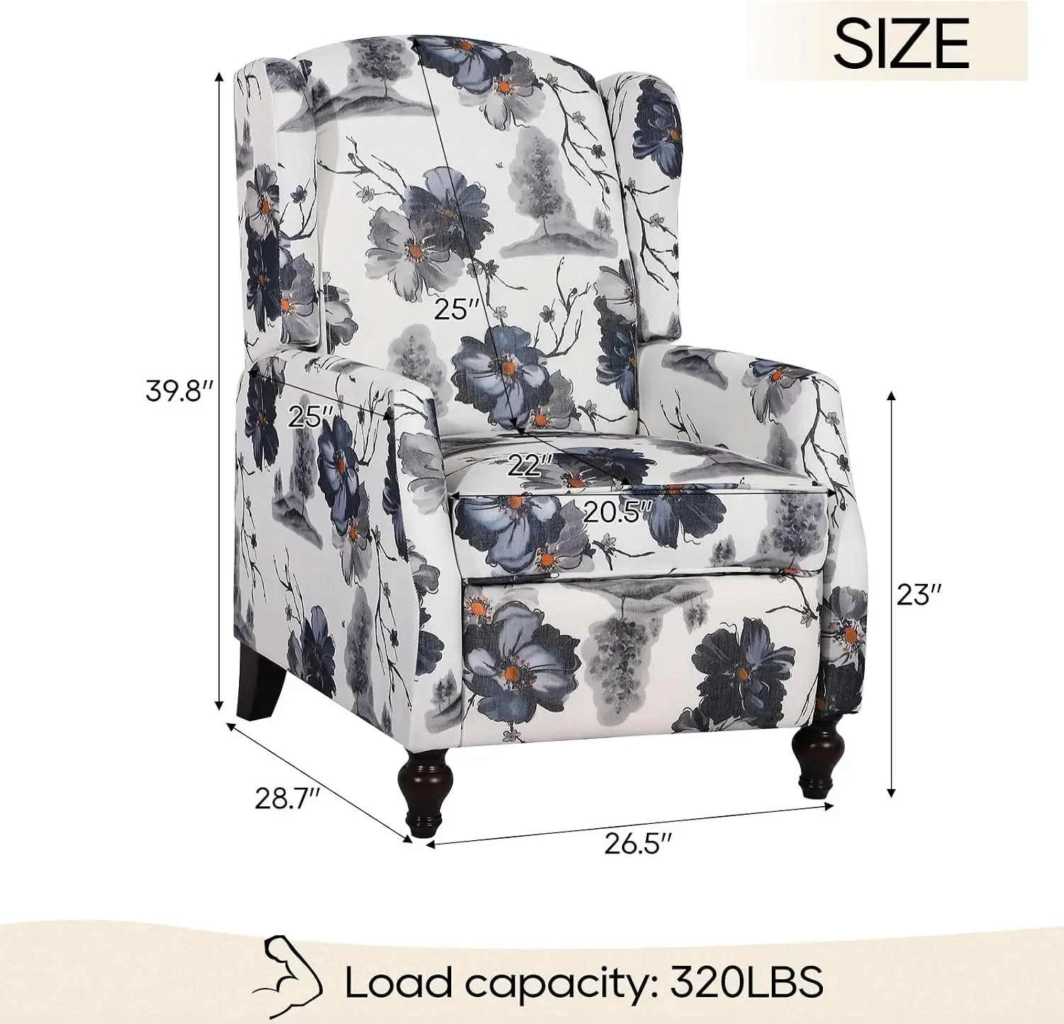 Upholstered Wingback Recliner Chair, Mid Century Modern Manual Push Back Recliner for Living Room, Bedroom (1, Blue Floral)