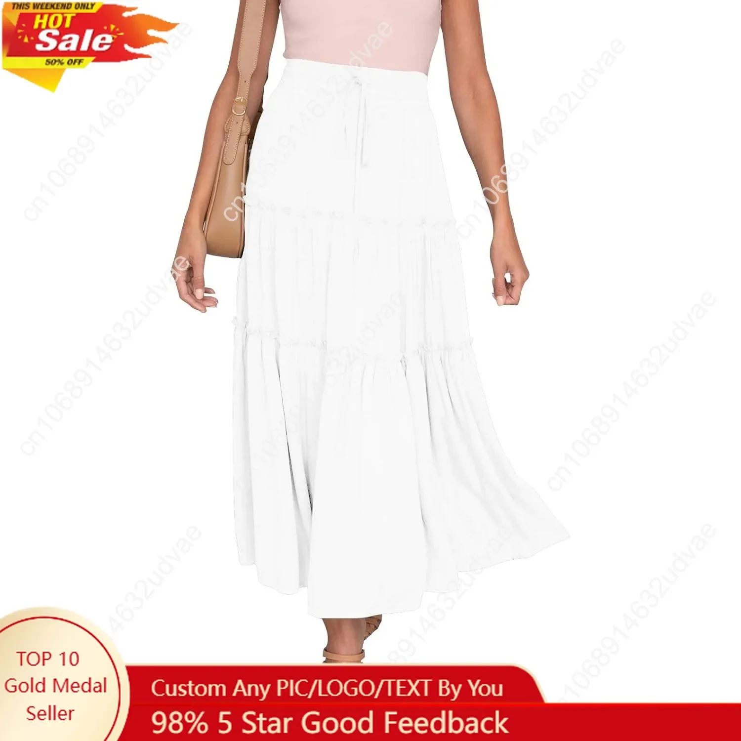 

HAEOF Womens Summer Flowy Boho Maxi Skirt Elastic High Waist A Line Pleated Tiered Trendy Beach Long Skirts with Pockets