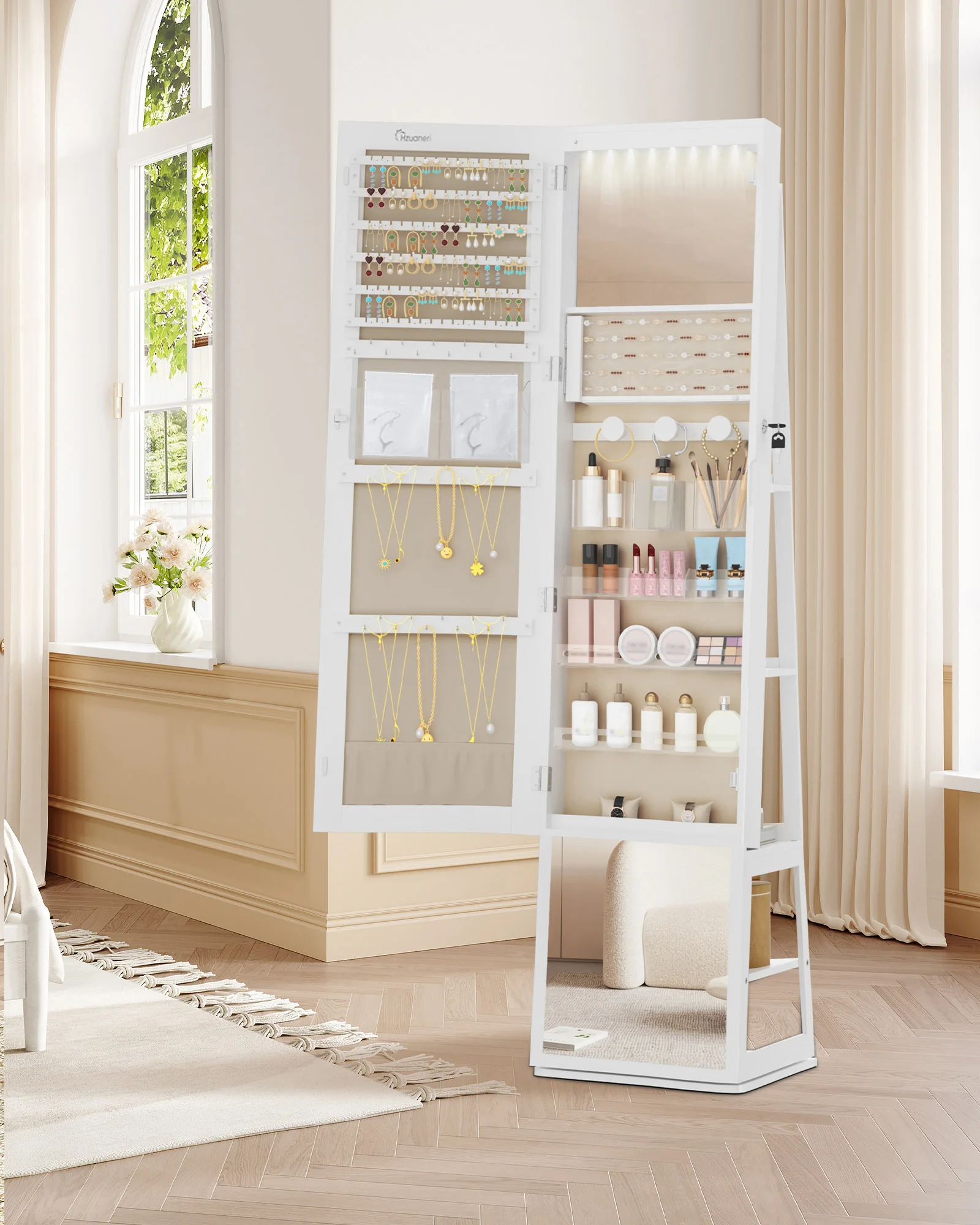 Armoires à bijoux Hzuaneri, avec 360 °   Base rotative, miroir pleine longueur verrouillable, grands compartiments de rangement à 4 niveaux